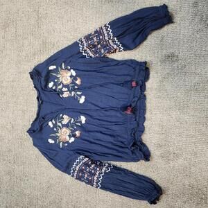 American Eagle Blouse Blue Floral Long Sleeve Embroidered Women’s Size Large
